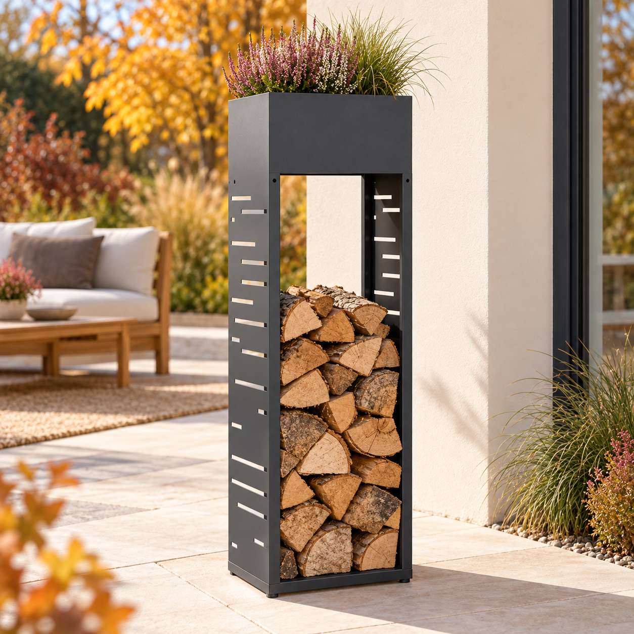 HAGO24 Feuerholzregal Anthrazit verzinkter Stahl Kaminholzregal Brennholzregal Holzlager Säulenform integrierter Pflanzkasten modular erweiterbar