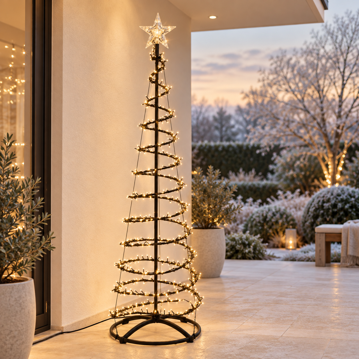 HAGO24 Beleuchteter Weihnachtsbaum Schwarz Kunststoff Künstlicher Tannenbaum Christbaum Lichterbaum 180 cm Höhe 640 warmweiße LEDs Wasserfall-Lichteffekt mit Timer im Einsatz