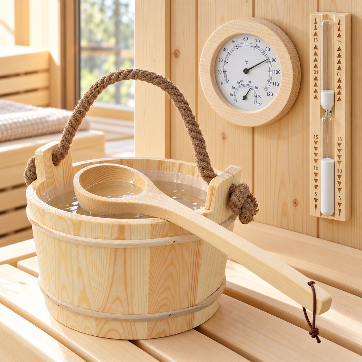 HAGO24 Sauna Zubehör Set Beige Kiefernholz Saunazubehörset Saunaaufguss-Set Saunaset 4 Liter Aufgusskübel Thermo-Hygrometer 15-Minuten-Sanduhr