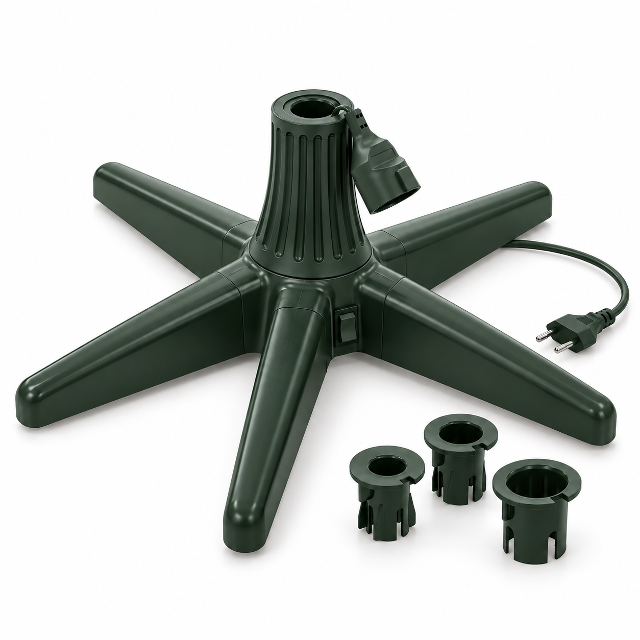 HAGO24 Weihnachtsbaumständer Grün Kunststoff Christbaumständer Tannenbaumständer Baumständer drehbar 360°-Rotation künstliche Weihnachtsbäume bis 240 cm mit 5 Standfüßen und 3 Adapter-Aufsätzen im Einsatz