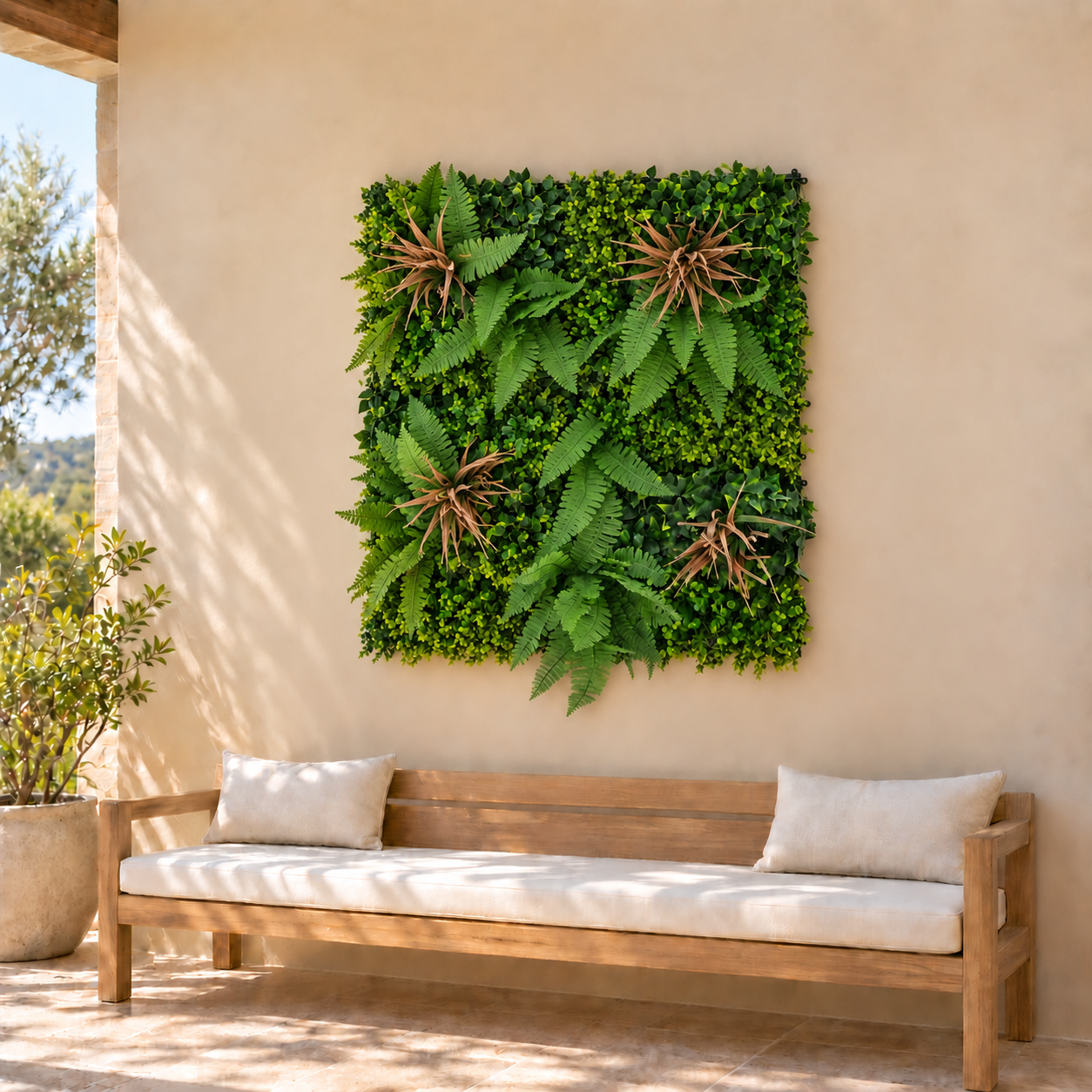 HAGO24 1qm Künstliche Pflanzwand Grün PE Kunstpflanzenwand Pflanzenmatte Blumenwand 4er-Set 50x50 cm Paneel Wanddeko UV-Beständig im Einsatz