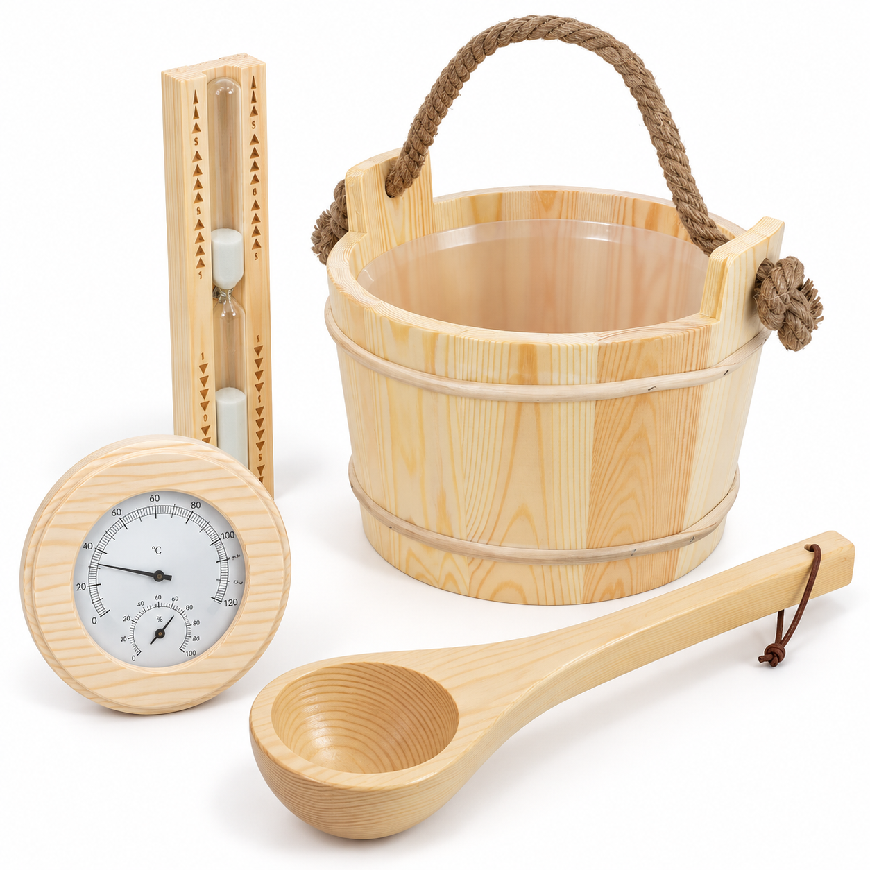 HAGO24 Sauna Zubehör Set Beige Kiefernholz Saunazubehörset Saunaaufguss-Set Saunaset 4 Liter Aufgusskübel Thermo-Hygrometer 15-Minuten-Sanduhr im Einsatz