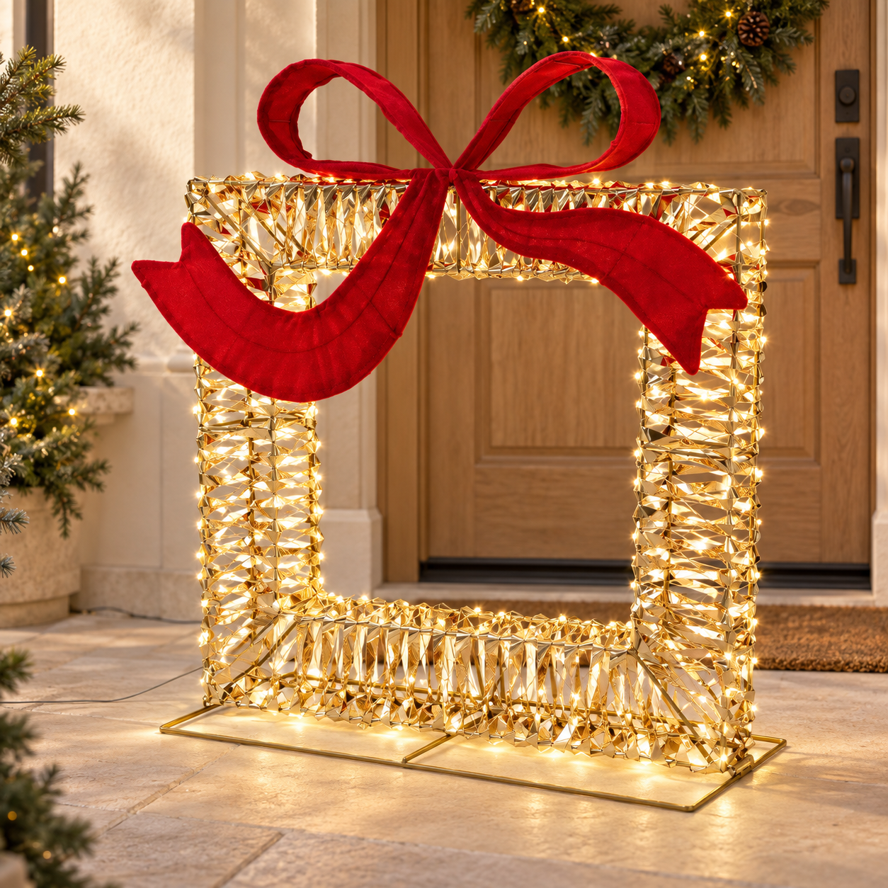 HAGO24 LED Geschenkbox Gold mit roter Schleife Metall Leuchtgeschenk Lichtgeschenk Geschenkbeleuchtung 500 warmweiße LEDs Timer 8/16 Stunden IP44 innen und außen