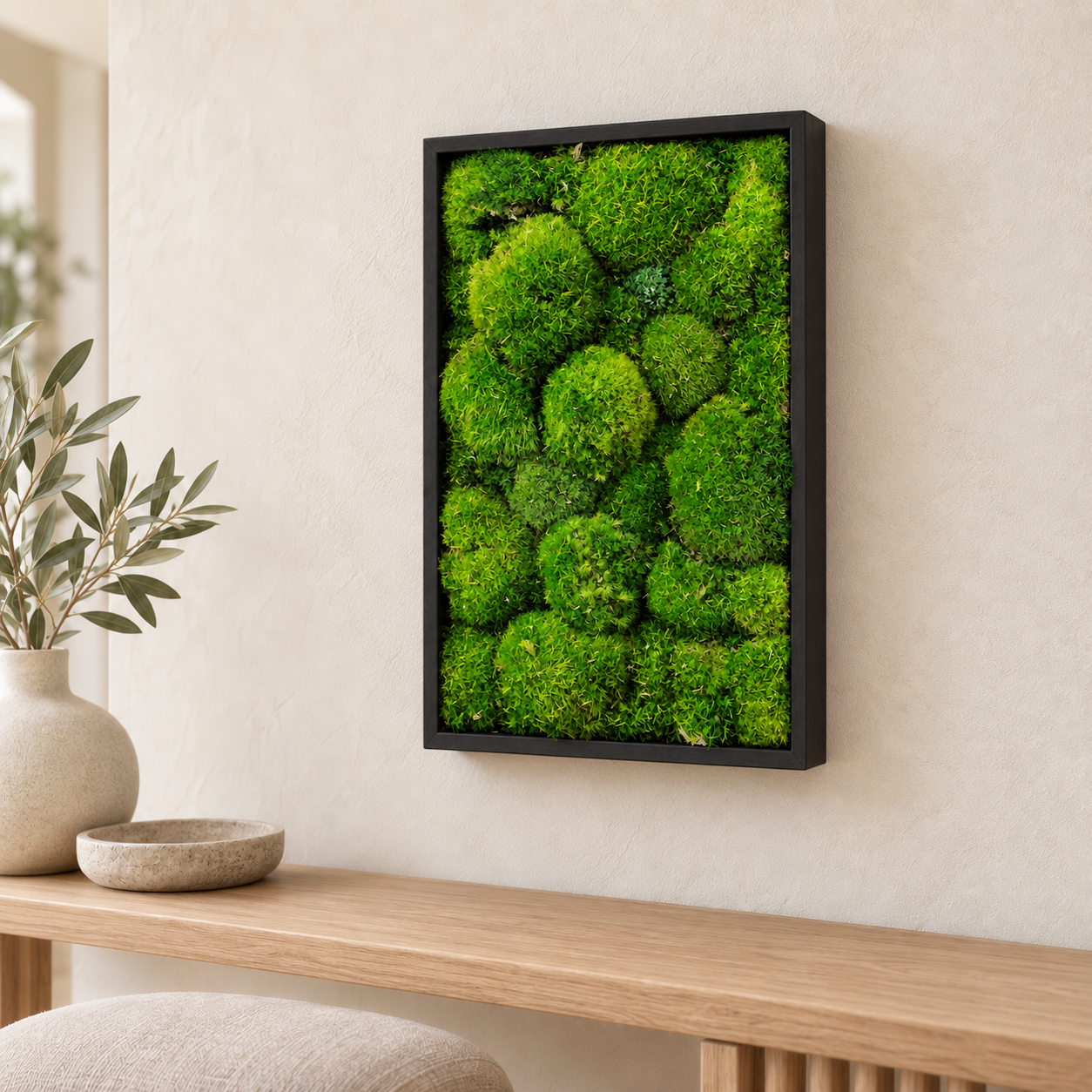 HAGO24 Moosbild Grün mit schwarzem Rahmen Kiefernholz Wandbild Mooswandbild Wanddekoration Echtes konserviertes Kugelmoos Rechteck 27 x 38 cm Aufhängung auf der Rückseite