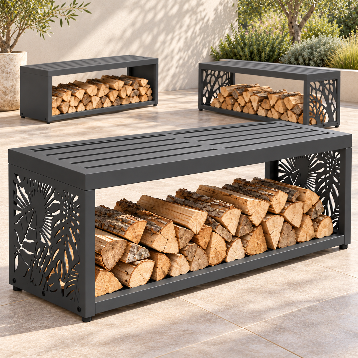 HAGO24 Feuerholzregal mit Sitzbank Anthrazit RAL 7016 verzinkter Stahl Kaminholzregal Brennholzregal Holzlager integrierte Sitzbank Kunststoff-Sitzfläche bis zu 220 kg belastbar