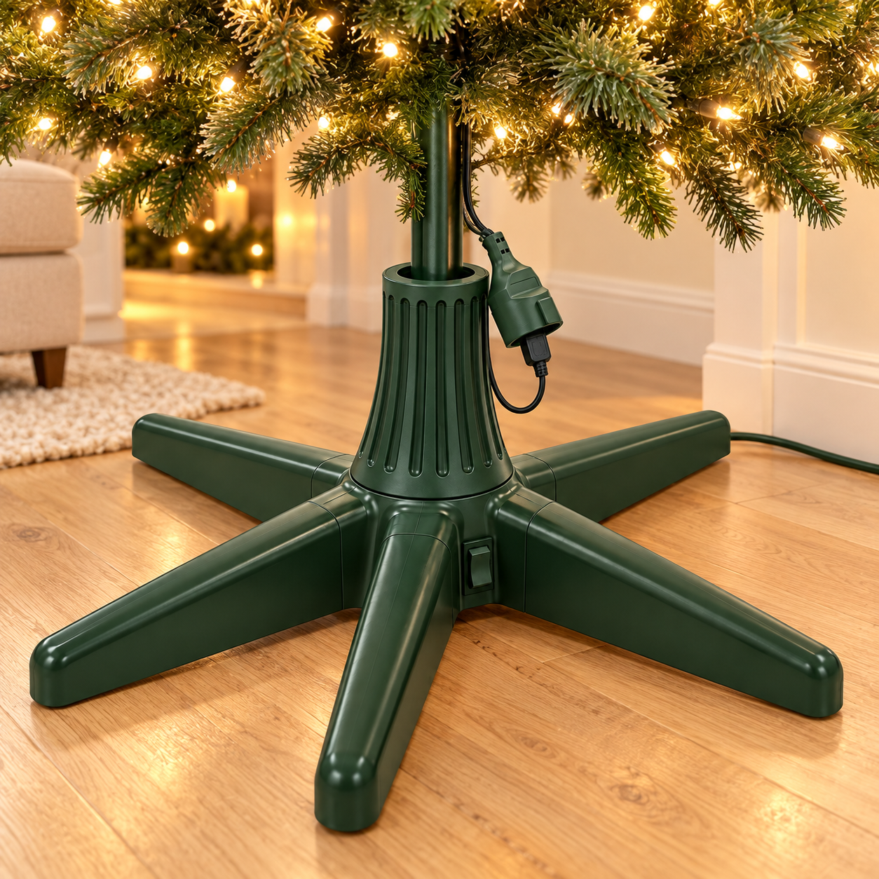 HAGO24 Weihnachtsbaumständer Grün Kunststoff Christbaumständer Tannenbaumständer Baumständer drehbar 360°-Rotation künstliche Weihnachtsbäume bis 240 cm mit 5 Standfüßen und 3 Adapter-Aufsätzen
