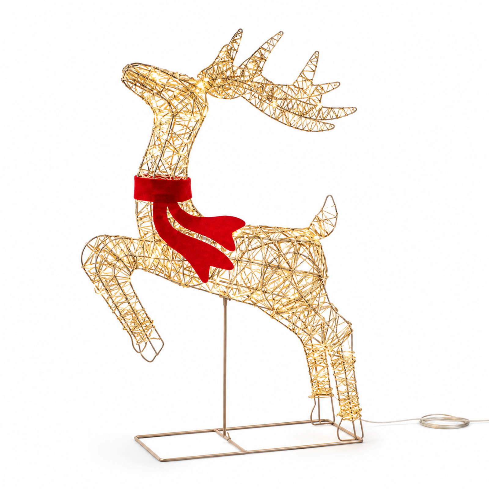 HAGO24 LED Rentier Gold mit rotem Schal Metall Weihnachtsbeleuchtung Winterdeko Leuchtfigur In-& Outdoor gold warmweiß Timer Glitzereffekt im Einsatz