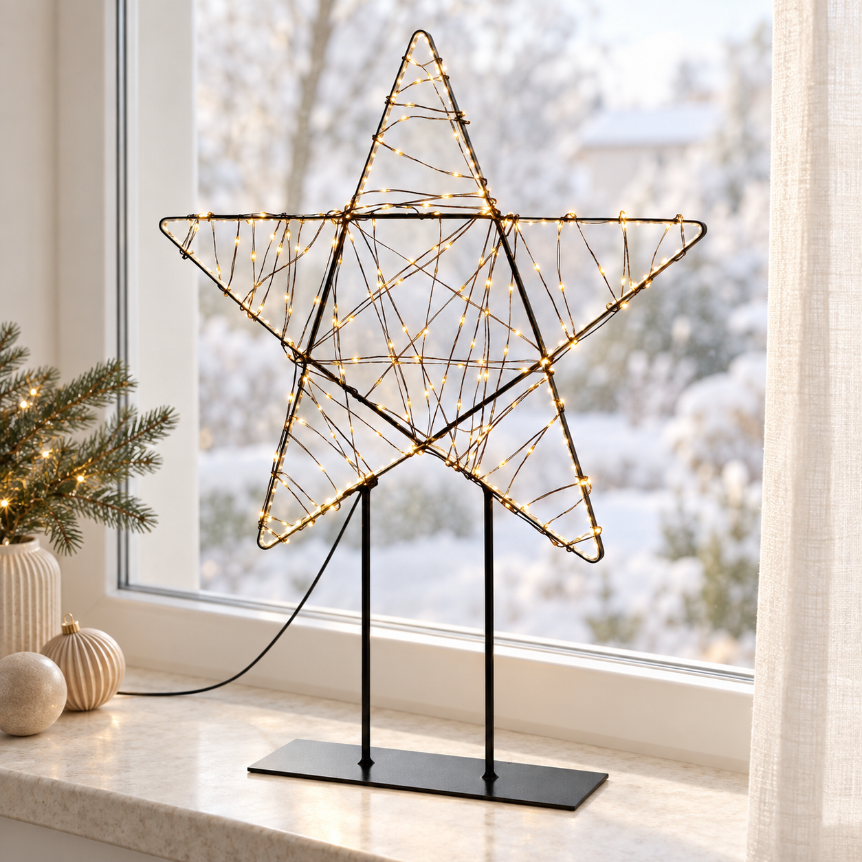 HAGO24 LED-Weihnachtsfigur auf Standfuß Warmweiß und extra warmweiß Metall LED-Leuchtstern Weihnachtsstern Metall-Weihnachtsdeko 350 Micro-LEDs 15 % Blinkfunktion 500 cm Zuleitung